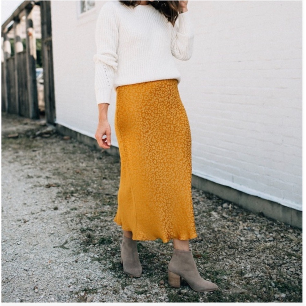 Textured Mustard Yellow Midi Slip Skirt - Women
